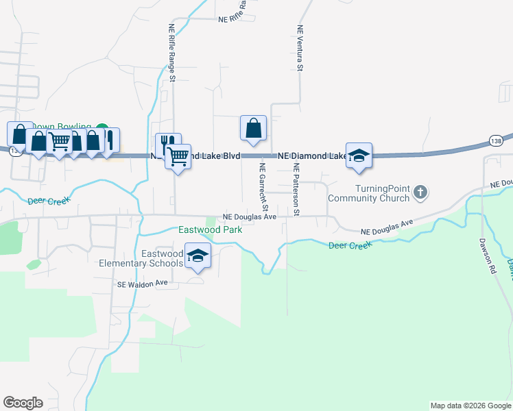 map of restaurants, bars, coffee shops, grocery stores, and more near 2868 Northeast Douglas Avenue in Roseburg