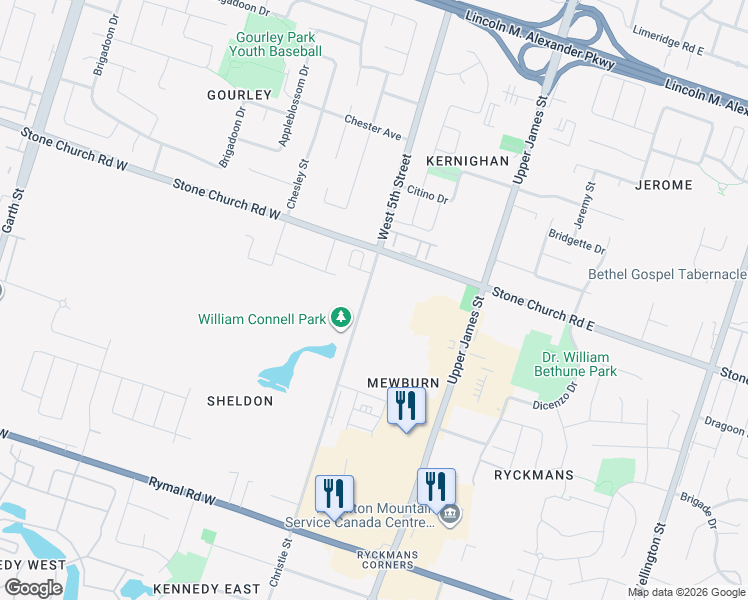 map of restaurants, bars, coffee shops, grocery stores, and more near 1073 West 5th Street in Hamilton