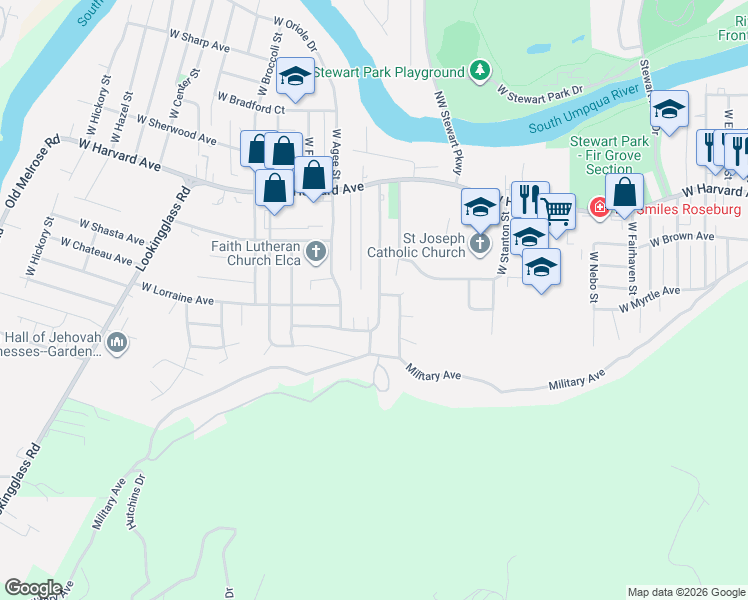 map of restaurants, bars, coffee shops, grocery stores, and more near 956 West Pilger Street in Roseburg