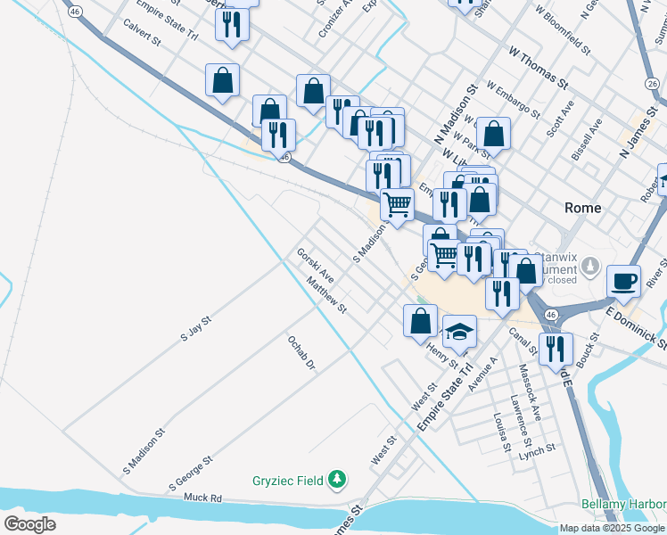 map of restaurants, bars, coffee shops, grocery stores, and more near 411 Henry Street in Rome