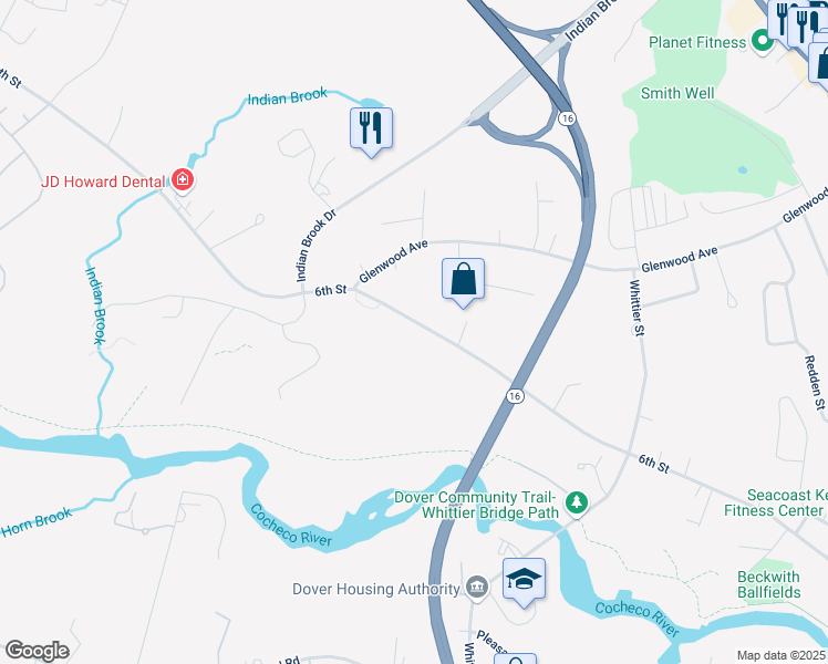 map of restaurants, bars, coffee shops, grocery stores, and more near 250 6th Street in Dover
