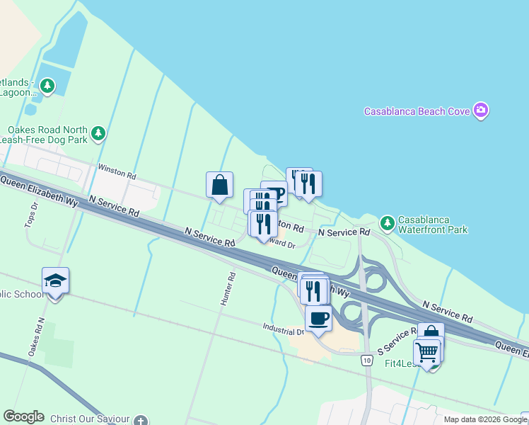 map of restaurants, bars, coffee shops, grocery stores, and more near 83 Esplanade Lane in Grimsby