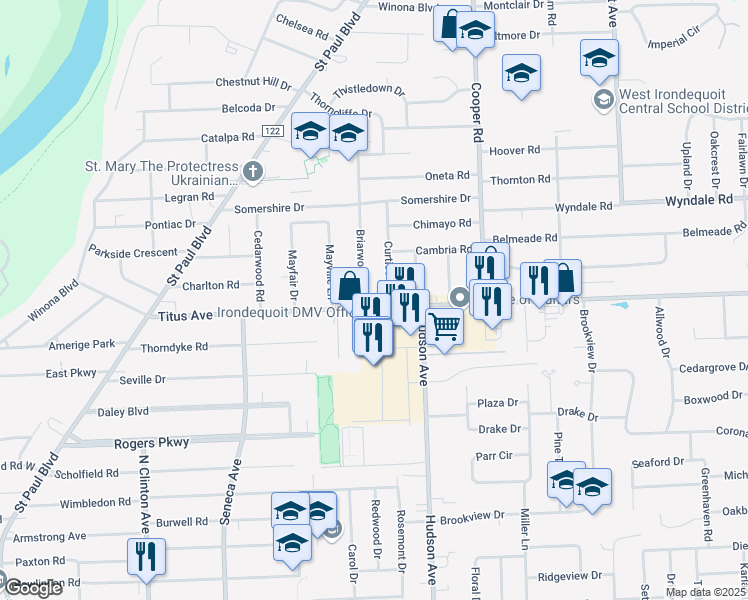 map of restaurants, bars, coffee shops, grocery stores, and more near 516 Titus Avenue in Rochester