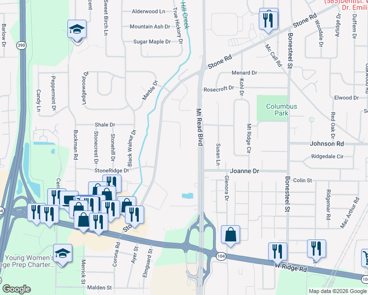 map of restaurants, bars, coffee shops, grocery stores, and more near 132 Ridgelea Court in Rochester