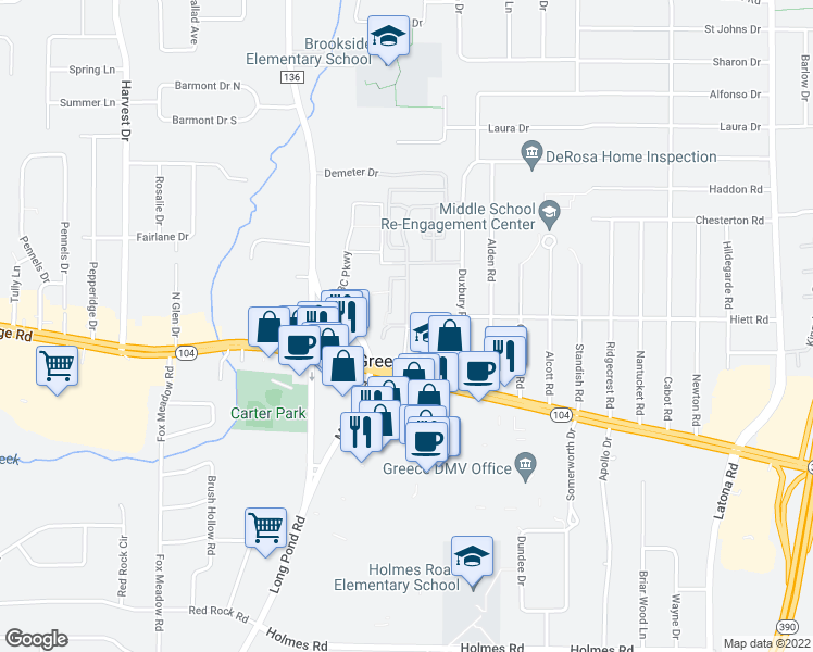map of restaurants, bars, coffee shops, grocery stores, and more near Grecian Gardens Drive in Rochester