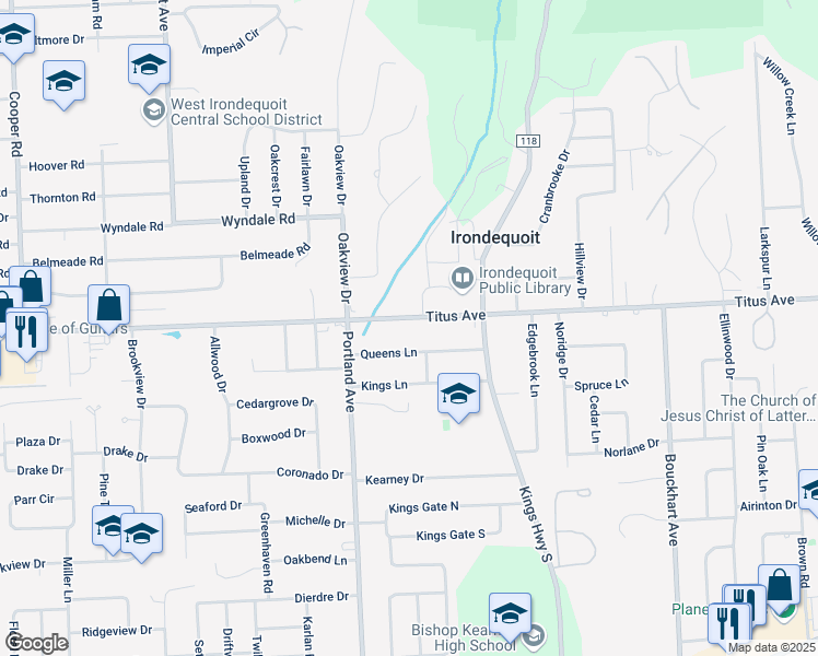 map of restaurants, bars, coffee shops, grocery stores, and more near 86 Queens Lane in Rochester