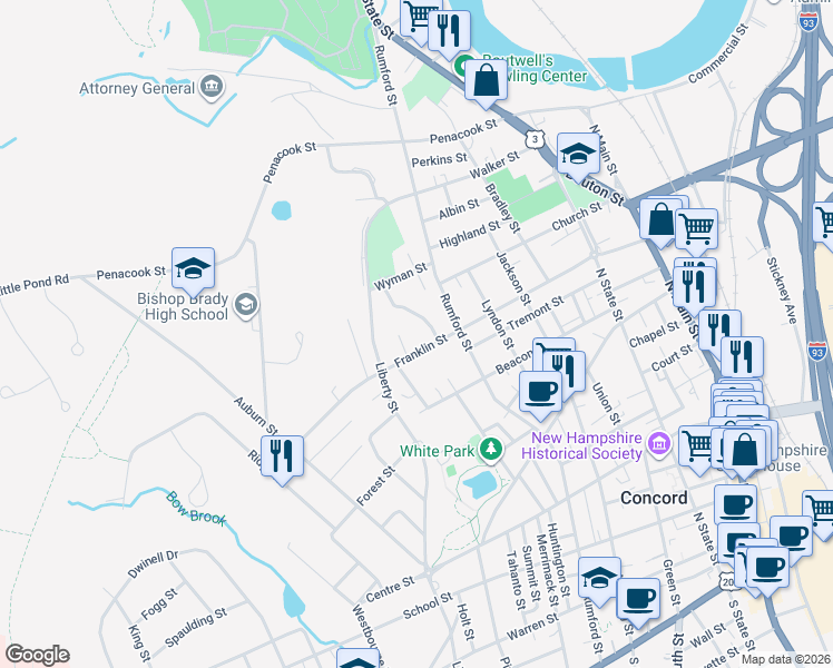 map of restaurants, bars, coffee shops, grocery stores, and more near 60-62 Franklin Street in Concord