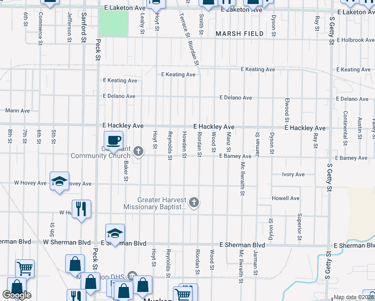 map of restaurants, bars, coffee shops, grocery stores, and more near 2240 Howden Street in Muskegon Heights