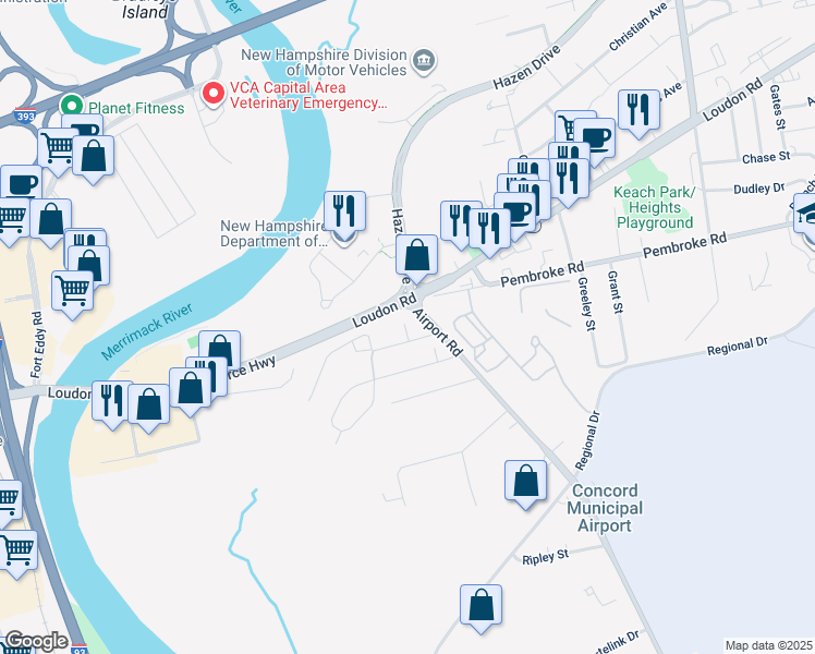 map of restaurants, bars, coffee shops, grocery stores, and more near 10 Heights Road in Concord