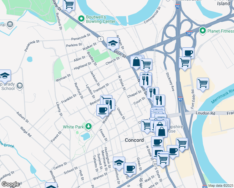 map of restaurants, bars, coffee shops, grocery stores, and more near 46 Washington Street in Concord