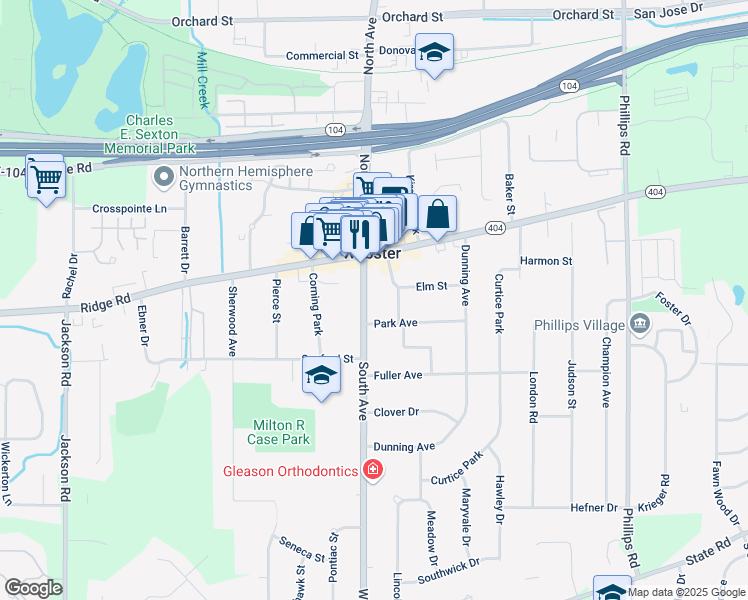 map of restaurants, bars, coffee shops, grocery stores, and more near 54 South Avenue in Webster