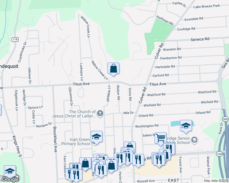 map of restaurants, bars, coffee shops, grocery stores, and more near 398 Whipple Lane in Rochester