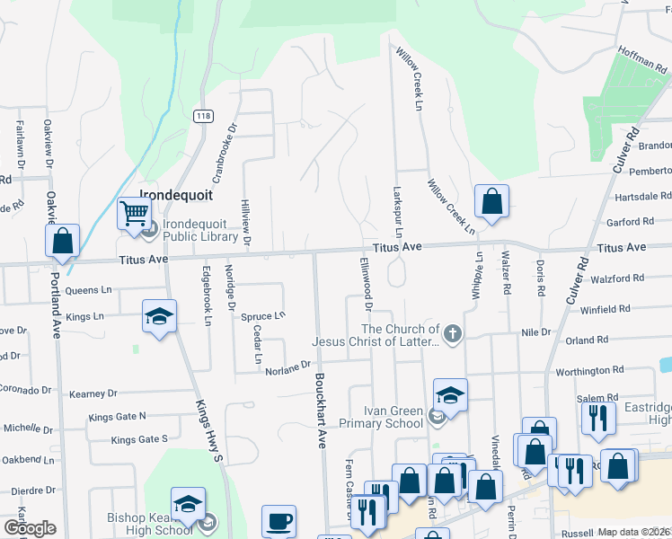 map of restaurants, bars, coffee shops, grocery stores, and more near 500 Bouckhart Avenue in Rochester