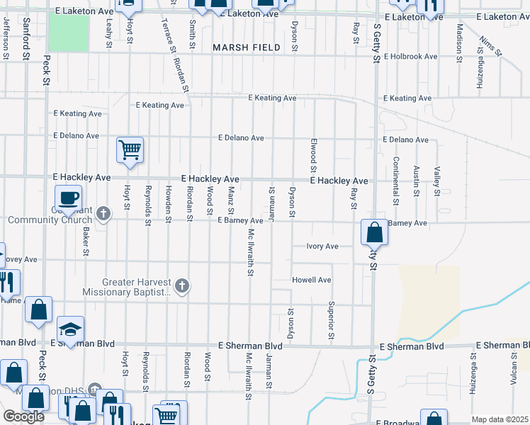 map of restaurants, bars, coffee shops, grocery stores, and more near 550 East Barney Avenue in Muskegon Heights
