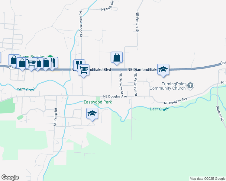 map of restaurants, bars, coffee shops, grocery stores, and more near 2834 Northeast Douglas Avenue in Roseburg