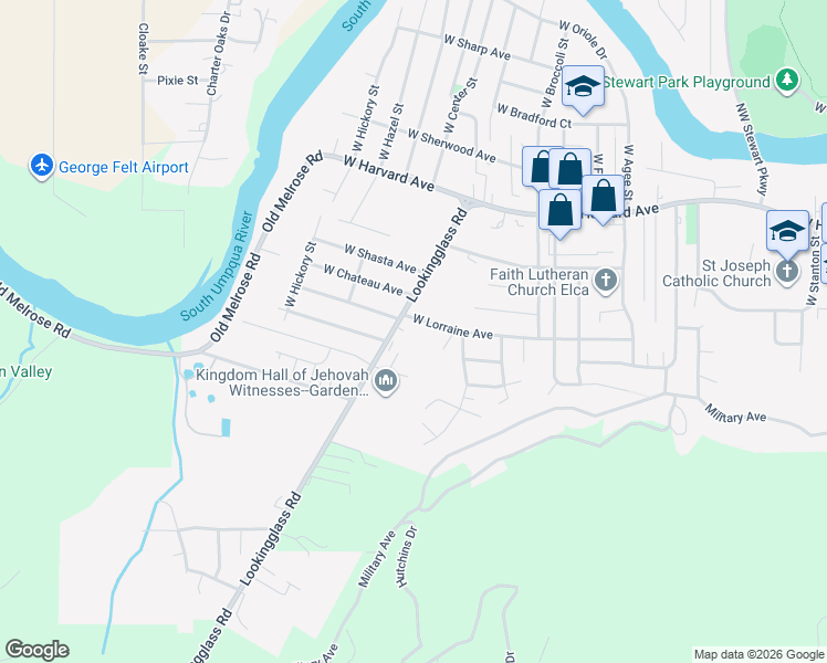 map of restaurants, bars, coffee shops, grocery stores, and more near 1049 Lookingglass Road in Roseburg