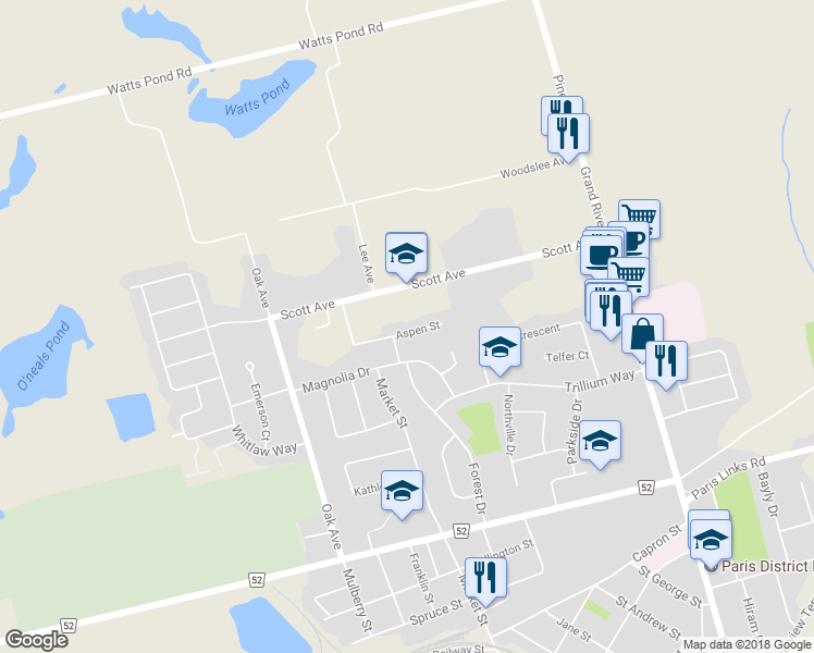map of restaurants, bars, coffee shops, grocery stores, and more near 133 Aspen Street in Brant