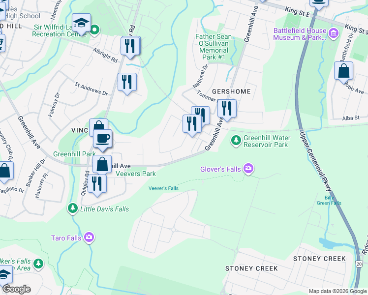 map of restaurants, bars, coffee shops, grocery stores, and more near 142 Marcella Crescent in Hamilton