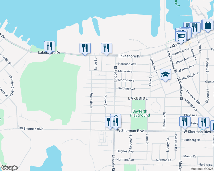 map of restaurants, bars, coffee shops, grocery stores, and more near 2435 Harding Avenue in Muskegon
