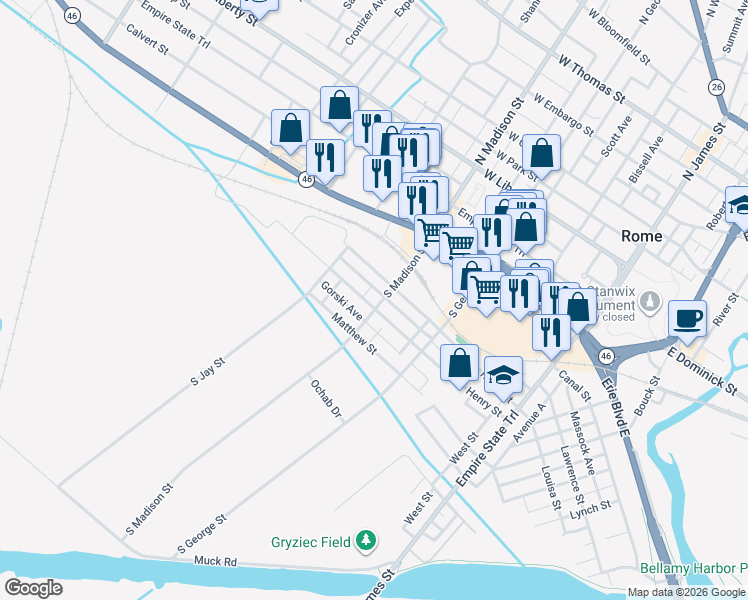 map of restaurants, bars, coffee shops, grocery stores, and more near 326 Henry Street in Rome