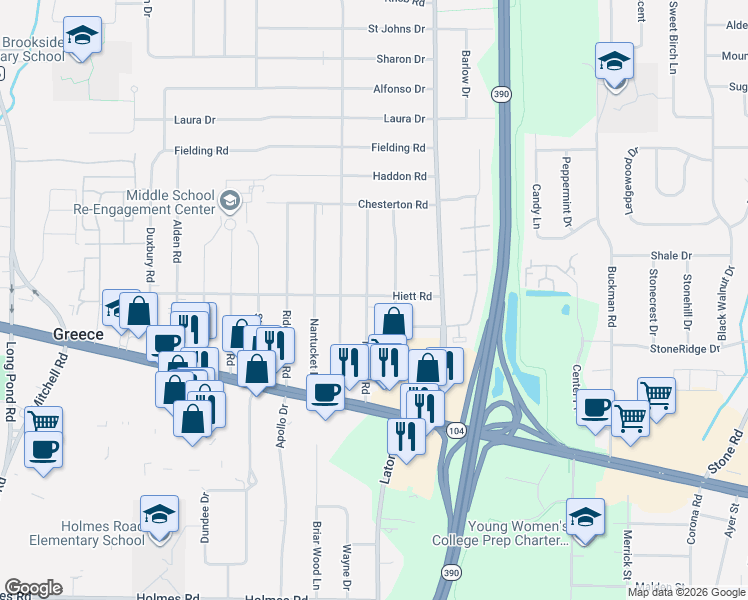 map of restaurants, bars, coffee shops, grocery stores, and more near 142 Newton Road in Rochester