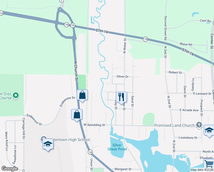 map of restaurants, bars, coffee shops, grocery stores, and more near 306 West Leonard Street in Watertown