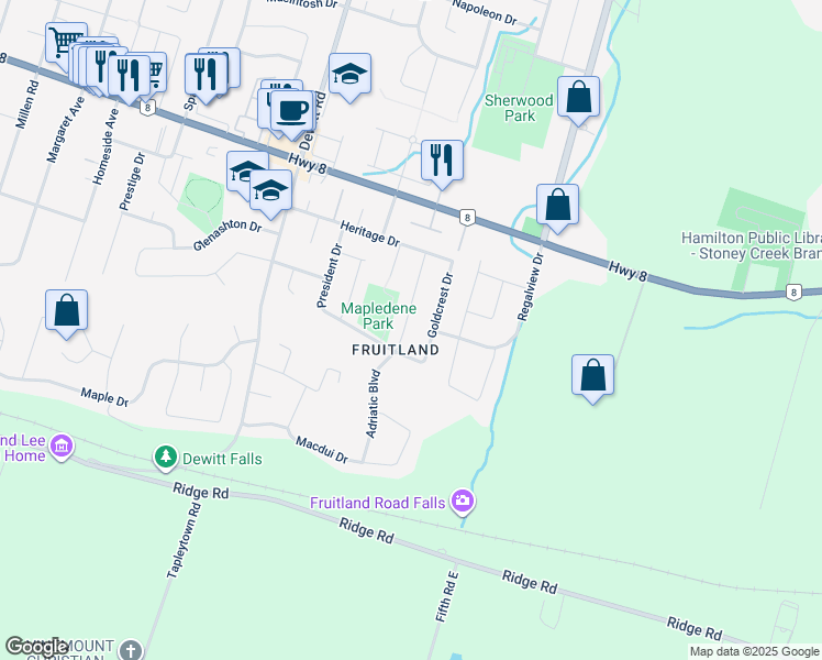 map of restaurants, bars, coffee shops, grocery stores, and more near 31 Adriatic Boulevard in Hamilton
