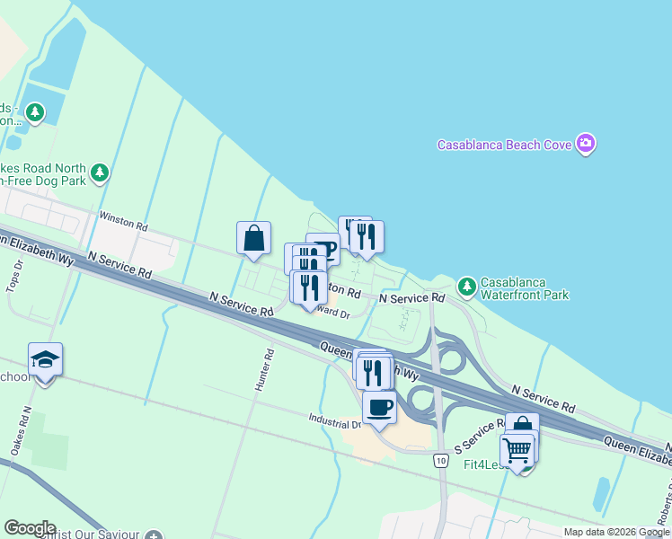 map of restaurants, bars, coffee shops, grocery stores, and more near 6 Waterview Lane in Grimsby