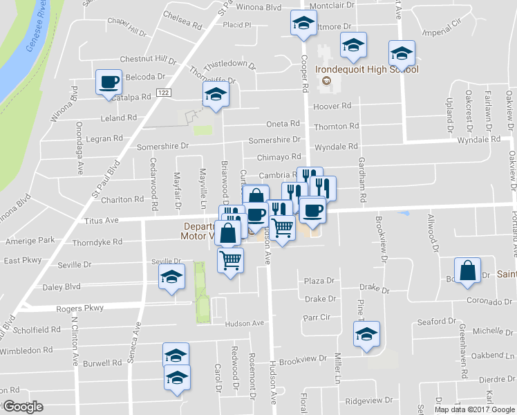 map of restaurants, bars, coffee shops, grocery stores, and more near 572 Titus Avenue in Rochester