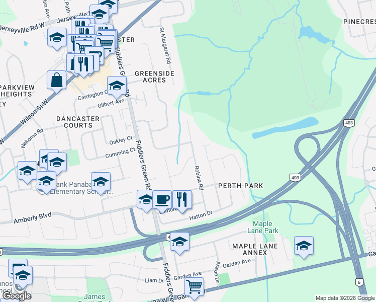 map of restaurants, bars, coffee shops, grocery stores, and more near in Hamilton