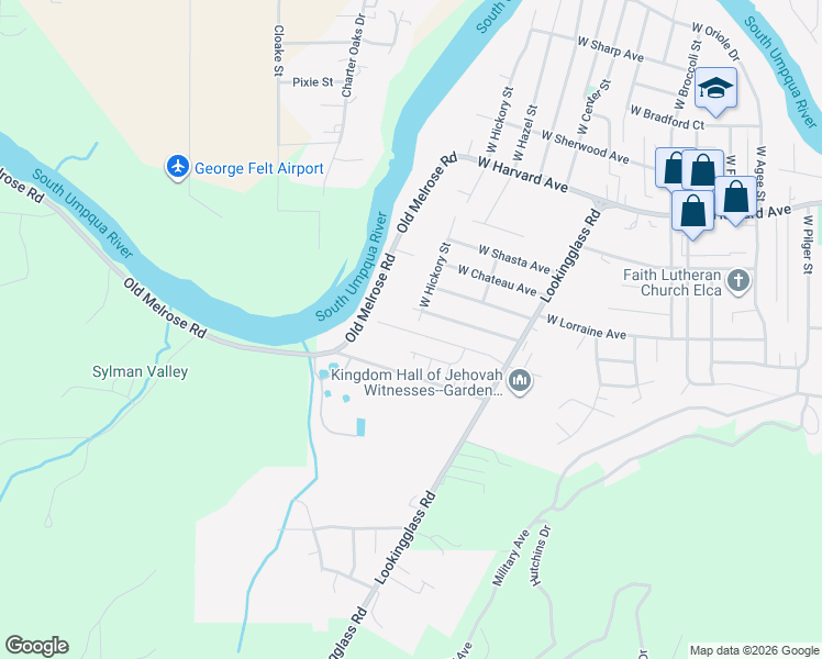 map of restaurants, bars, coffee shops, grocery stores, and more near 143 West River Ridge Avenue in Roseburg