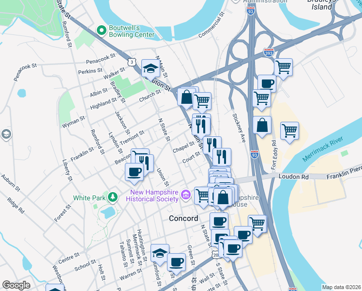 map of restaurants, bars, coffee shops, grocery stores, and more near 11 Chapel Street in Concord