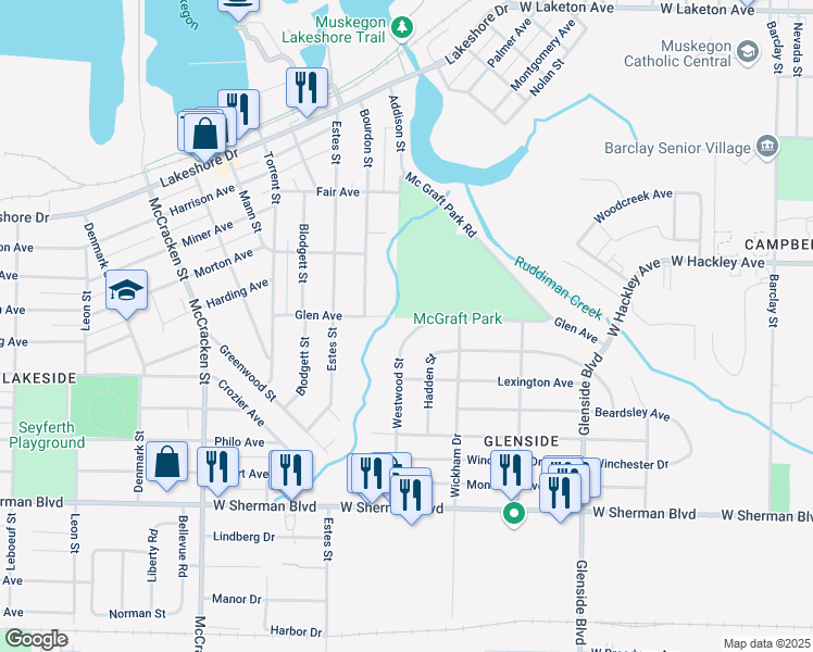 map of restaurants, bars, coffee shops, grocery stores, and more near 2312 Westwood Street in Muskegon