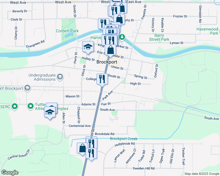 map of restaurants, bars, coffee shops, grocery stores, and more near 150 Park Avenue in Brockport