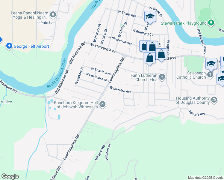 map of restaurants, bars, coffee shops, grocery stores, and more near 1049 Lookingglass Road in Roseburg