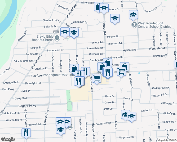 map of restaurants, bars, coffee shops, grocery stores, and more near 2291 Hudson Avenue in Irondequoit