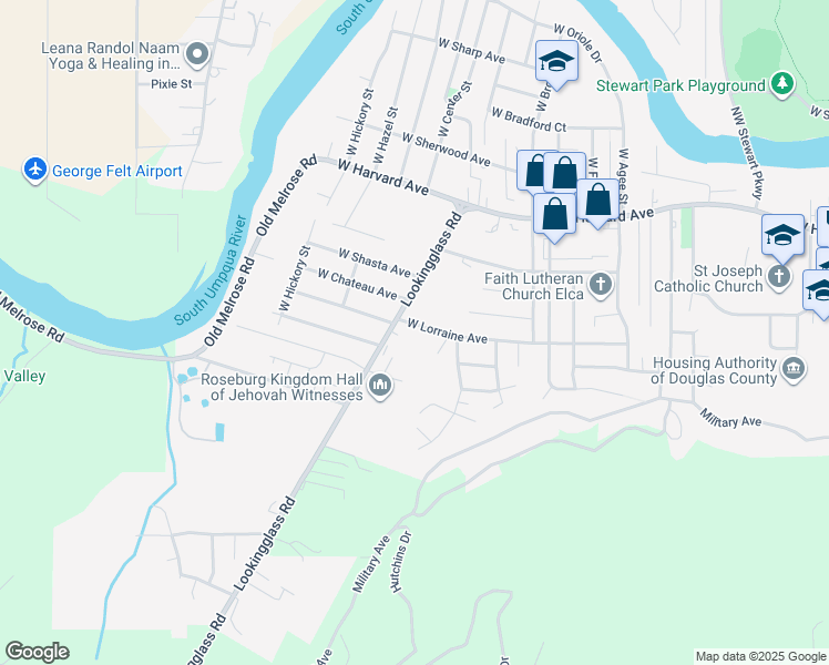 map of restaurants, bars, coffee shops, grocery stores, and more near 1049 Lookingglass Road in Roseburg