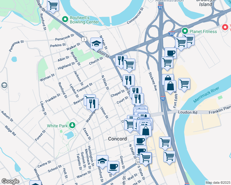 map of restaurants, bars, coffee shops, grocery stores, and more near 11 Chapel Street in Concord