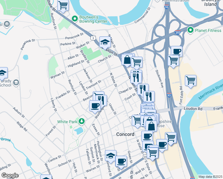 map of restaurants, bars, coffee shops, grocery stores, and more near 46 Washington Street in Concord