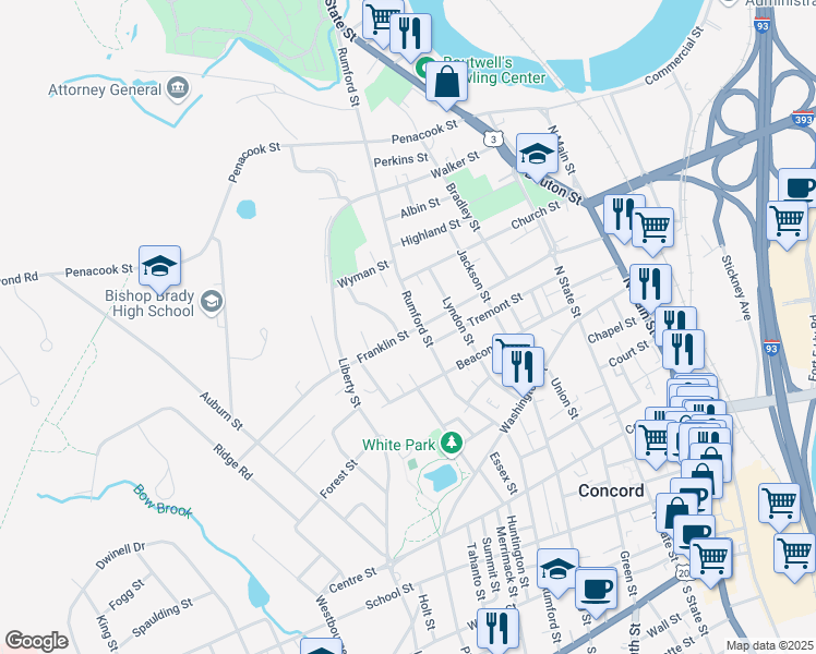 map of restaurants, bars, coffee shops, grocery stores, and more near 60 Franklin Street in Concord