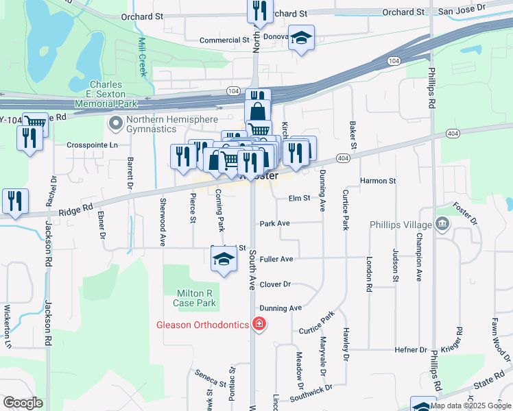 map of restaurants, bars, coffee shops, grocery stores, and more near 54 South Avenue in Webster