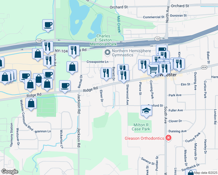 map of restaurants, bars, coffee shops, grocery stores, and more near 976 Ebner Drive in Webster