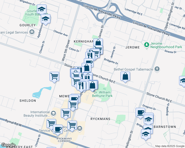 map of restaurants, bars, coffee shops, grocery stores, and more near 16 Stone Church Road East in Hamilton