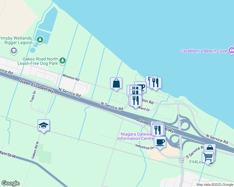 map of restaurants, bars, coffee shops, grocery stores, and more near 515 Winston Road in Grimsby