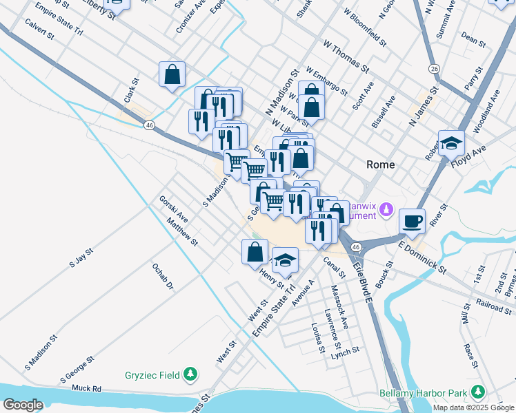 map of restaurants, bars, coffee shops, grocery stores, and more near 189 South George Street in Rome