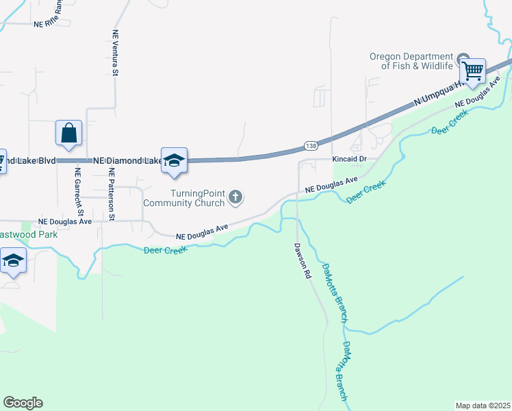 map of restaurants, bars, coffee shops, grocery stores, and more near 3566 Douglas Avenue in Roseburg