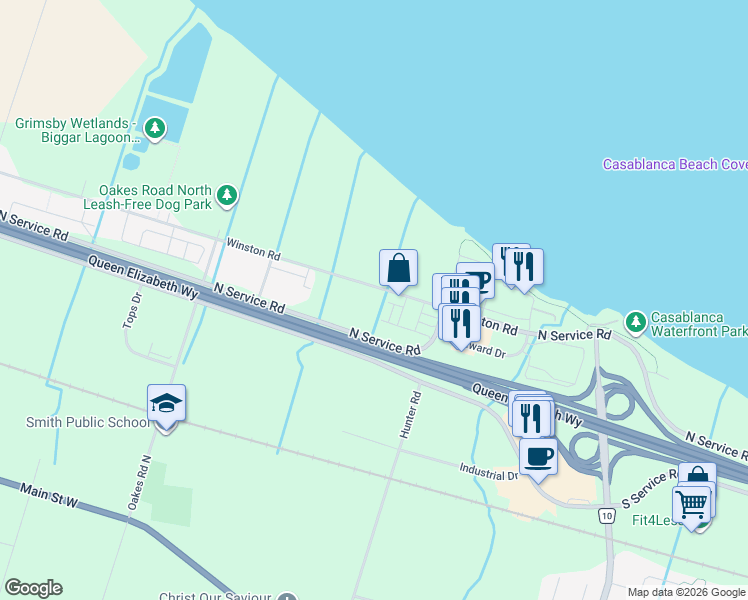 map of restaurants, bars, coffee shops, grocery stores, and more near 442 Winston Road in Grimsby