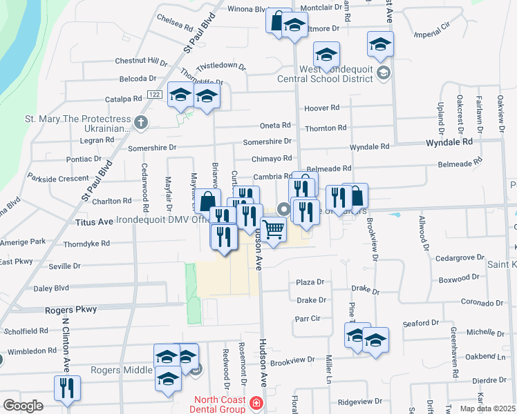 map of restaurants, bars, coffee shops, grocery stores, and more near 2291 Hudson Avenue in Irondequoit