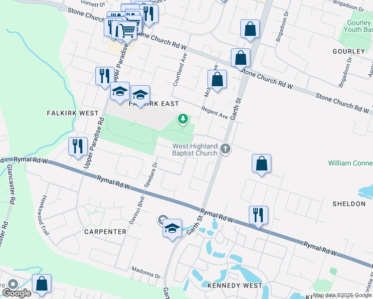 map of restaurants, bars, coffee shops, grocery stores, and more near 4 Benvenuto Crescent in Hamilton