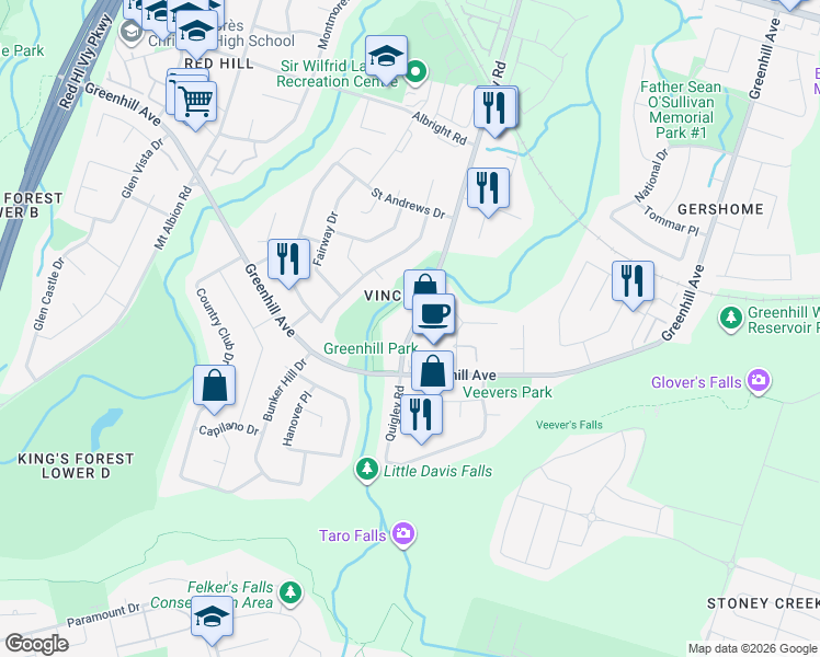 map of restaurants, bars, coffee shops, grocery stores, and more near 625 Greenhill Avenue in Hamilton